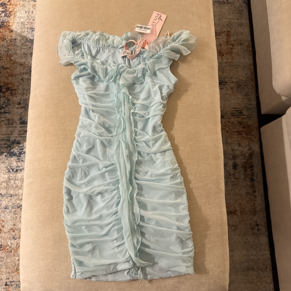 Oh Polly Light Blue Ruched Off-Shoulder Dress